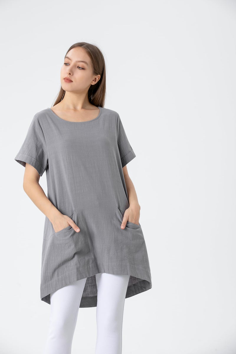Minibee Women's Cotton Linen Short Sleeve Tunic/Top Tees (L, Gray) - Image 3